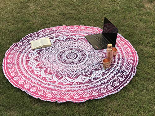 raajsee Tela Redonda de Mandala Estilo Hippie, diseño Indio Bohemio, Ideal como Colcha, Tapiz Decorativo, Mantel o Toalla de Playa, 175 cm, algodón, Pink Purple, 70 Inch