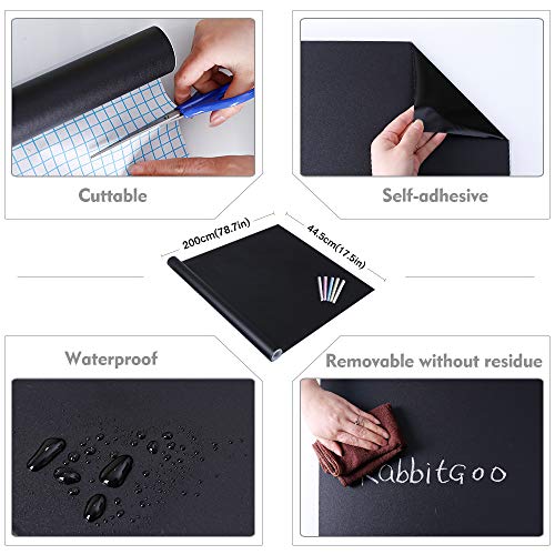 rabbitgoo Papel Pizarra Negra Autoadhesiva Vinilo Pizarra Tablero Negro Pizarrón Pegatina Negra Pizarra Adhesiva de Pared Vinilos Negro para Escuela Oficina Casa 44.5x200CM 5 Tizas Gratuitas