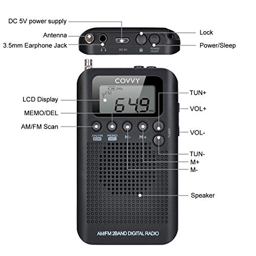 Radio Portátil Pequeña Mini Radio de Bolsillo Am FM Estéreo Sintonización Digital Radio con Altavoz de Sonido Reloj Despertador y Temporizador Auricular