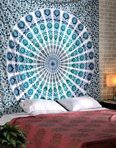 RAJRANG BRINGING RAJASTHAN TO YOU Tapiz Grande Mandala Pared - Tapices Indio Pavo Real Mandala Hippie Wall Hanging Tapestry Beach Throw Toalla de Playa - Azul - 228 x 213 cm
