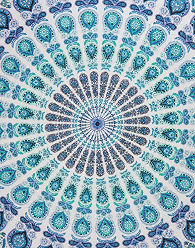 RAJRANG BRINGING RAJASTHAN TO YOU Tapiz Grande Mandala Pared - Tapices Indio Pavo Real Mandala Hippie Wall Hanging Tapestry Beach Throw Toalla de Playa - Azul - 228 x 213 cm