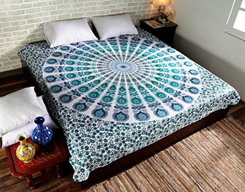 RAJRANG BRINGING RAJASTHAN TO YOU Tapiz Grande Mandala Pared - Tapices Indio Pavo Real Mandala Hippie Wall Hanging Tapestry Beach Throw Toalla de Playa - Azul - 228 x 213 cm