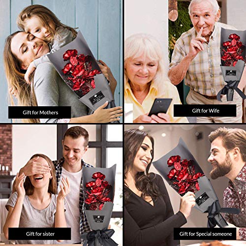Ramo Flores Rosa Chapada en Oro, 6 Piezas Ramo Rosa Artificiales de Papel Oro con Caja de Regalo, Regalo Ideal para el día de San Valentín, día de la Madre, Aniversario, cumpleaños, Navidad (Rojo)