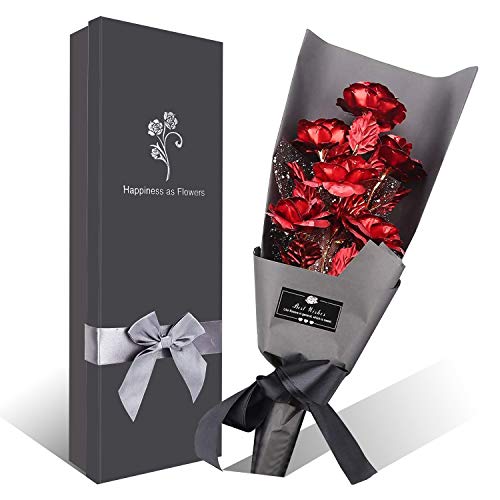 Ramo Flores Rosa Chapada en Oro, 6 Piezas Ramo Rosa Artificiales de Papel Oro con Caja de Regalo, Regalo Ideal para el día de San Valentín, día de la Madre, Aniversario, cumpleaños, Navidad (Rojo)