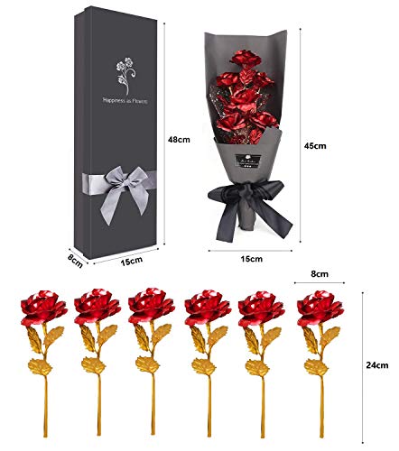 Ramo Flores Rosa Chapada en Oro, 6 Piezas Ramo Rosa Artificiales de Papel Oro con Caja de Regalo, Regalo Ideal para el día de San Valentín, día de la Madre, Aniversario, cumpleaños, Navidad (Rojo)