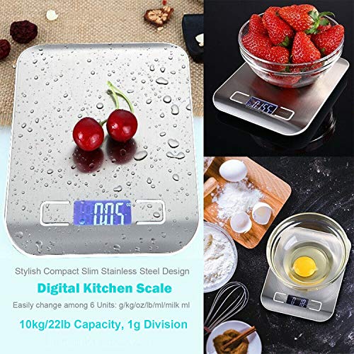 RangTouek Báscula de Cocina Digital con Carga USB 10kg/1g, Balanzas Cocina Electrónicas de Acero Inoxidable, LCD Retroiluminación, Tara, Para Cocina, Ingredientes (g/kg/oz/lb/ml), Plateado