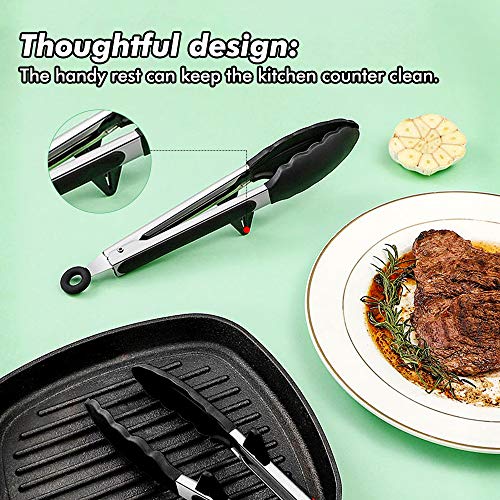 Raniaco Pinzas de Cocina Utensilios Barbacoa Pinzas Cocina Acero Inoxidable 304 y Mango de Silicona, Pinzas Barbacoa de 9"y 12" con Soporte y Orificio para Colgar, Pinzas Chef Negro