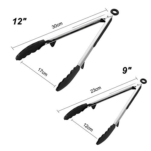 Raniaco Pinzas de Cocina Utensilios Barbacoa Pinzas Cocina Acero Inoxidable 304 y Mango de Silicona, Pinzas Barbacoa de 9"y 12" con Soporte y Orificio para Colgar, Pinzas Chef Negro