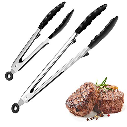 Raniaco Pinzas de Cocina Utensilios Barbacoa Pinzas Cocina Acero Inoxidable 304 y Mango de Silicona, Pinzas Barbacoa de 9"y 12" con Soporte y Orificio para Colgar, Pinzas Chef Negro