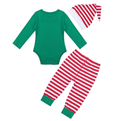 ranrann Disfraz Navidad para Bebé Niño Niña Conjunto de Elfo Mameluco Pantalones Rayados Sombrero de Navidad Traje Navideño Bebé Racién Nacido Verde 9-12 Meses