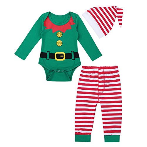 ranrann Disfraz Navidad para Bebé Niño Niña Conjunto de Elfo Mameluco Pantalones Rayados Sombrero de Navidad Traje Navideño Bebé Racién Nacido Verde 9-12 Meses