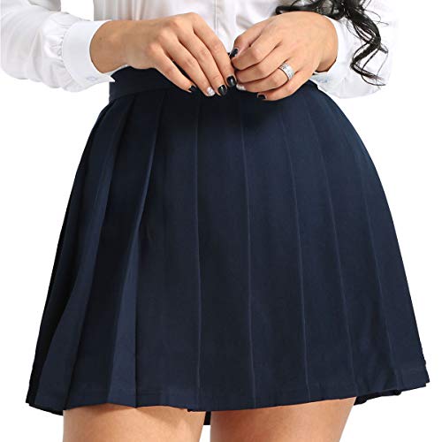 ranrann Falda Plisada para Mujer Falda Escolar Japónes Cuadros/Color Sólido Disfraz de Colegiala Cosplay Falda Corta Escocesa Chica Talla Grande Azul Marino Small