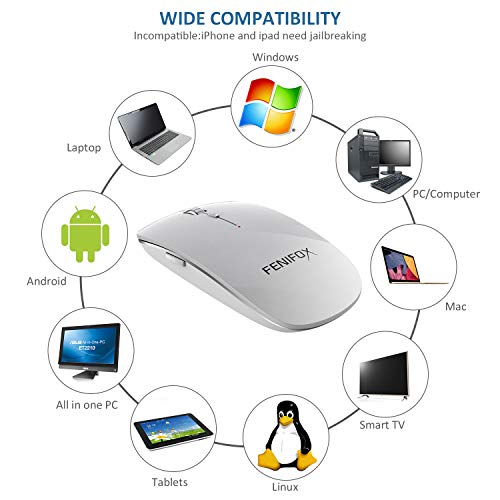 Ratón Inalámbrico,FENIFOX Bluetooth Portátil Mini Mouse Ultrafino Delgado 2400 DPI Silencioso,For PC Computer Mac Windows Notebook Tablet(Plateado y Blanco)