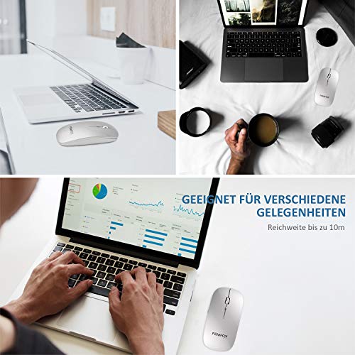 Ratón Inalámbrico,FENIFOX Bluetooth Portátil Mini Mouse Ultrafino Delgado 2400 DPI Silencioso,For PC Computer Mac Windows Notebook Tablet(Plateado y Blanco)