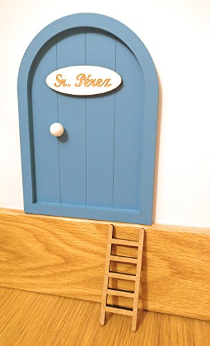 Ratoncito Pérez Puerta Madera Escalera + Felpudo + Ratoncito de Madera/Decoraciones de Pared con Adhesivo (Azul grisaceo)