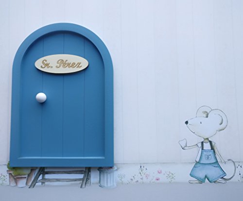 Ratoncito Pérez Puerta Madera Escalera + Felpudo + Ratoncito de Madera/Decoraciones de Pared con Adhesivo (Azul grisaceo)