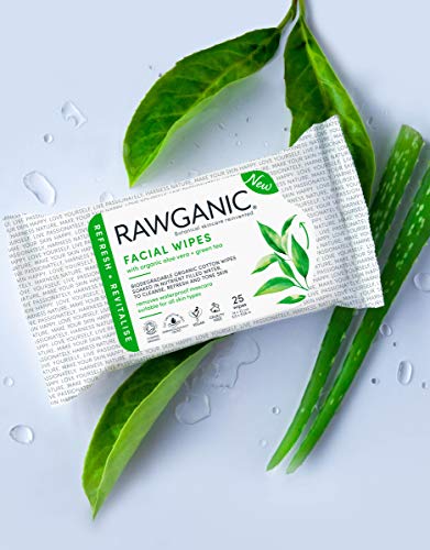 RAWGANIC Toallitas refrescantes para el rostro | Toallitas suaves de algodón orgánico, sin alcohol, sin fragancia y biodegradables | con Aloe Vera y té verde (set de 2 unidades)