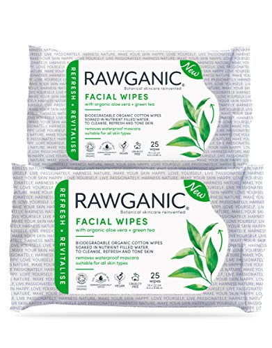RAWGANIC Toallitas refrescantes para el rostro | Toallitas suaves de algodón orgánico, sin alcohol, sin fragancia y biodegradables | con Aloe Vera y té verde (set de 2 unidades)