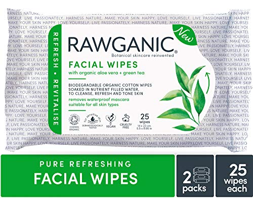 RAWGANIC Toallitas refrescantes para el rostro | Toallitas suaves de algodón orgánico, sin alcohol, sin fragancia y biodegradables | con Aloe Vera y té verde (set de 2 unidades)