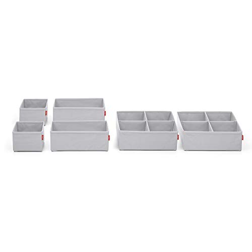 Rayen - Organizador de cajones plegable compuesto por 6 cajas de ordenación de ropa en diferentes tamaños. 2 cajas 14 x 14 x 10cm, 2 cajas 14 x 28 x 10 y 2 cajas 28 x 28 x 10. Gris Claro
