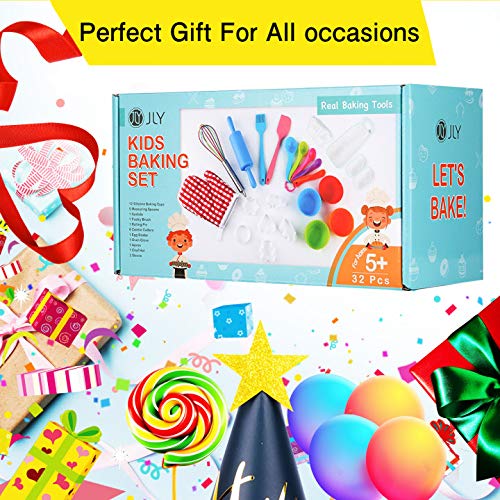 Real Kids Baking Set 32 piezas incluye delantal para niños, sombrero de chef, guante de horno, herramientas reales para hornear, el mejor regalo adecuado para niños y niñas