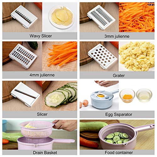 Rebanadora de mandolina vegetal - 10 en 1 vegetal Espiralizador Cortador y trituradora - Cocina Julienne Grater multiusos con protector y separador de clara de huevo -Dados bajos en carbohidratos