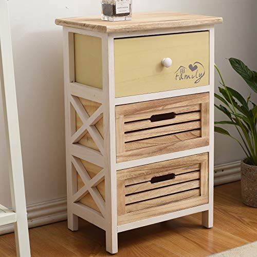 Rebecca Mobili Cómoda Mesilla de Noche 3 Cajones Madera Blanca Beige Casa de Campo Retro Dormitorio Bano - Medidas: 56 x 35 x 25 cm (AxANxFON) - Art. RE4340
