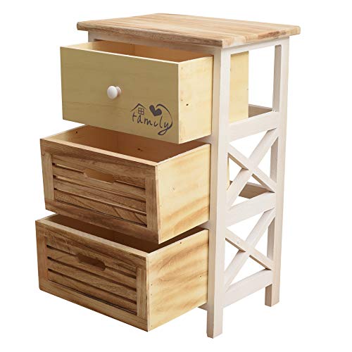 Rebecca Mobili Cómoda Mesilla de Noche 3 Cajones Madera Blanca Beige Casa de Campo Retro Dormitorio Bano - Medidas: 56 x 35 x 25 cm (AxANxFON) - Art. RE4340