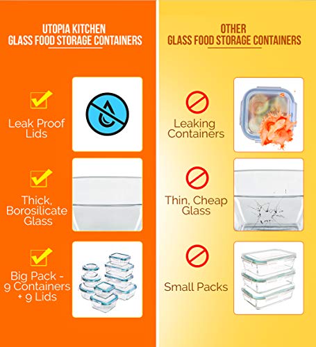 Recipiente - Contenedor de Almacenamiento de Alimentos de Vidrio - 18 piezas (9 envases + 9 tapas) Tapas transparentes - Sin BPA - Para la Cocina o el Restaurante de Uso Doméstico – por Utopia Kitchen