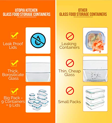 Recipiente - Contenedor de Almacenamiento de Alimentos de Vidrio - 18 piezas (9 envases + 9 tapas) Tapas transparentes - Sin BPA - Para la Cocina o el Restaurante de Uso Doméstico – por Utopia Kitchen