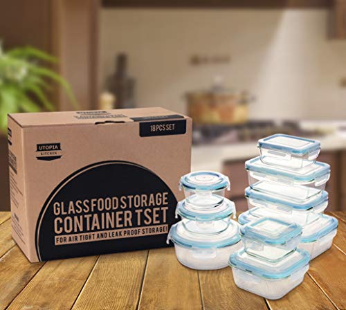 Recipiente - Contenedor de Almacenamiento de Alimentos de Vidrio - 18 piezas (9 envases + 9 tapas) Tapas transparentes - Sin BPA - Para la Cocina o el Restaurante de Uso Doméstico – por Utopia Kitchen