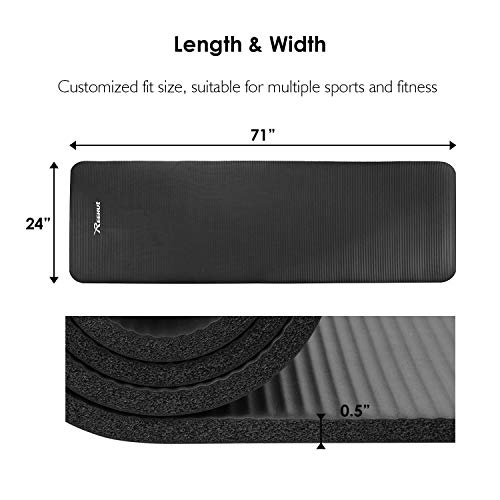 REEHUT Colchoneta de Yoga de NBR de Alta Densidad y Extra Gruesa de 12mm Diseñada para Pilates, Fitness y Entrenamiento - con Correa de Hombro 180cm x 61cm（Negro）