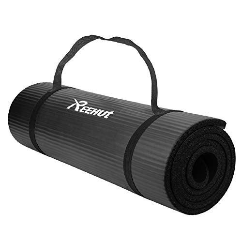 REEHUT Colchoneta de Yoga de NBR de Alta Densidad y Extra Gruesa de 12mm Diseñada para Pilates, Fitness y Entrenamiento - con Correa de Hombro 180cm x 61cm（Negro）