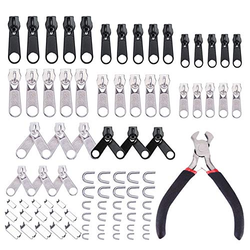 Reemplazo de la Cremallera, Hisome 85 Piezas Kit de Reparación de Cremallera con Cremallera Instalar Herramienta de Alicates para Bolsas, Chaquetas, Tiendas, Equipaje, Saco de Dormir (Plata y Negro)
