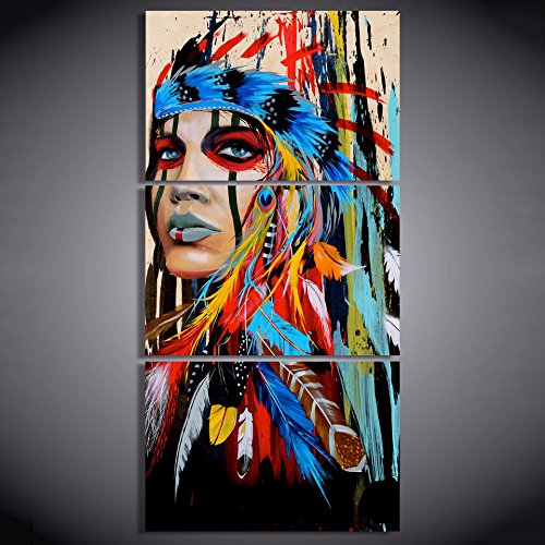 REFURBISHHOUSE 3 Piezas de Arte de Lienzo Indio Nativo Americano con Plumas Cuadro de Pared de Pintura para Salon