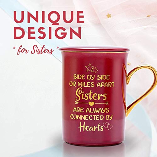 Regalo para Hermana, Regalos para Mejores Amigas, Taza de café con Tapa, para cumpleaños, Navidad,Uno al Lado del Otro o Millas de Distancia, Las Hermanas Siempre están conectadas por los Corazones