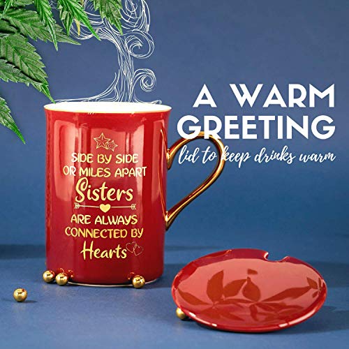 Regalo para Hermana, Regalos para Mejores Amigas, Taza de café con Tapa, para cumpleaños, Navidad,Uno al Lado del Otro o Millas de Distancia, Las Hermanas Siempre están conectadas por los Corazones