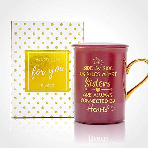 Regalo para Hermana, Regalos para Mejores Amigas, Taza de café con Tapa, para cumpleaños, Navidad,Uno al Lado del Otro o Millas de Distancia, Las Hermanas Siempre están conectadas por los Corazones