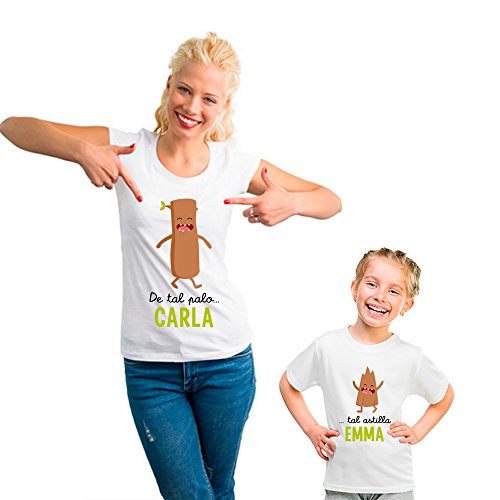 Regalo Personalizable para Madres: Pack de Camiseta para mamá + Camiseta para Hijo/a o Body para bebé 'De Tal Palo. Tal Astilla' Personalizados con Sus Nombres