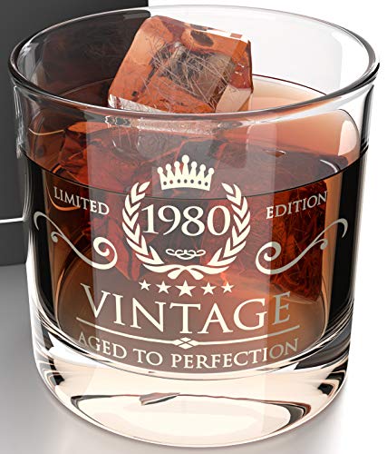 Regalos de 40 Cumpleaños para Hombres y Mujeres. Vaso de Cristal para Whisky Vintage 1980 (380ml)