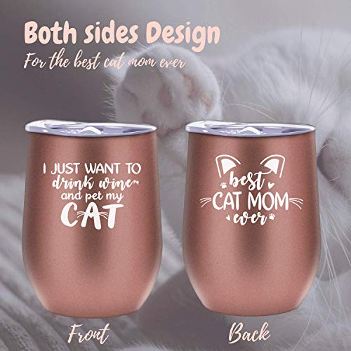 Regalos de gato para amantes de los gatos, la mejor mamá de gatos, vaso de vino aislado de acero inoxidable con tapa, perfecto para cumpleaños, Navidad, oro rosa, (12 oz) Onebttl, mascota