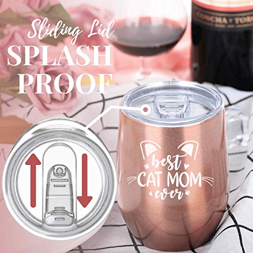 Regalos de gato para amantes de los gatos, la mejor mamá de gatos, vaso de vino aislado de acero inoxidable con tapa, perfecto para cumpleaños, Navidad, oro rosa, (12 oz) Onebttl, mascota