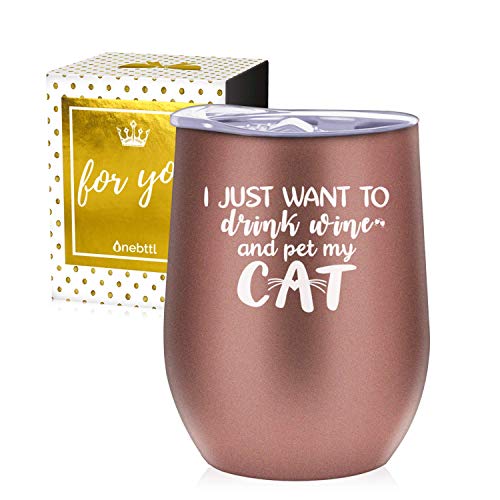 Regalos de gato para amantes de los gatos, la mejor mamá de gatos, vaso de vino aislado de acero inoxidable con tapa, perfecto para cumpleaños, Navidad, oro rosa, (12 oz) Onebttl, mascota