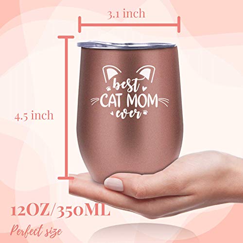 Regalos de gato para amantes de los gatos, la mejor mamá de gatos, vaso de vino aislado de acero inoxidable con tapa, perfecto para cumpleaños, Navidad, oro rosa, (12 oz) Onebttl, mascota