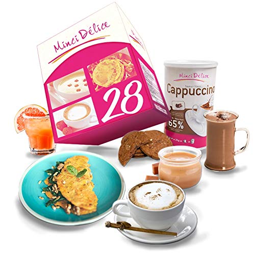 Régimen Adelgazante Hiperproteico 28 días Desayuno Cappuccino Paquete 66 productos 1 coctelera y 1 guía de regalo – pérdida de peso optimizada en 4 semanas