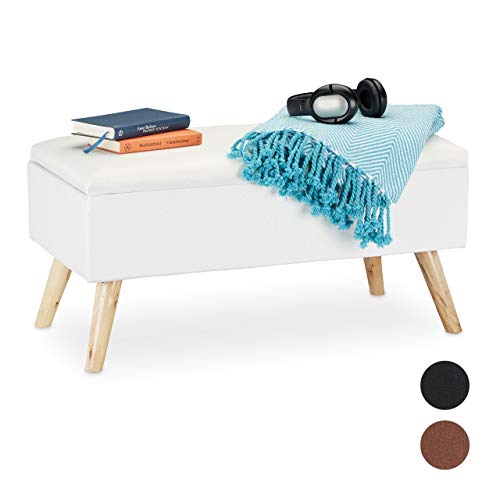 Relaxdays Baúl Almacenamiento con Patas, Banco Almacenaje, Puff, Tela-Madera-DM, 1 Ud, 39,5 x 79,5 x 39,5 cm, Blanco, 39.5 x 79.5 x 39.5 cm