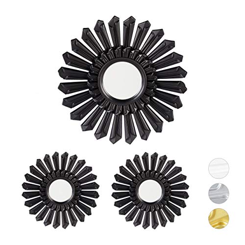 Relaxdays Espejo de pared, Set de tres espejos redondos, Marco de plástico, Ø 25 cm, Negro