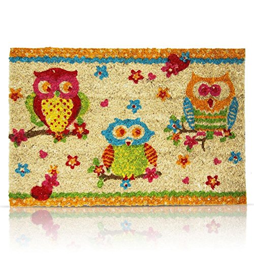 Relaxdays – Felpudo Colorido con diseño de búhos para la Entrada de su hogar Hecho de Fibras de Coco y PVC con Medidas 40 x 60 cm Antideslizante Elemento Decorativo, Color Natural