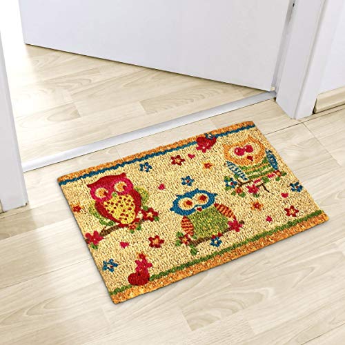 Relaxdays – Felpudo Colorido con diseño de búhos para la Entrada de su hogar Hecho de Fibras de Coco y PVC con Medidas 40 x 60 cm Antideslizante Elemento Decorativo, Color Natural