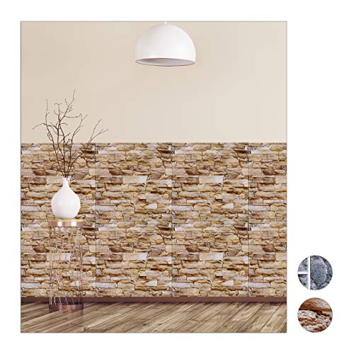 relaxdays Paneles Pared Autoadhesivos, Pack de 5, Imitación Piedra 3D, Revestimiento Decorativo, PVC, 50 x 50 cm, Marrón, 54 x 50 cm